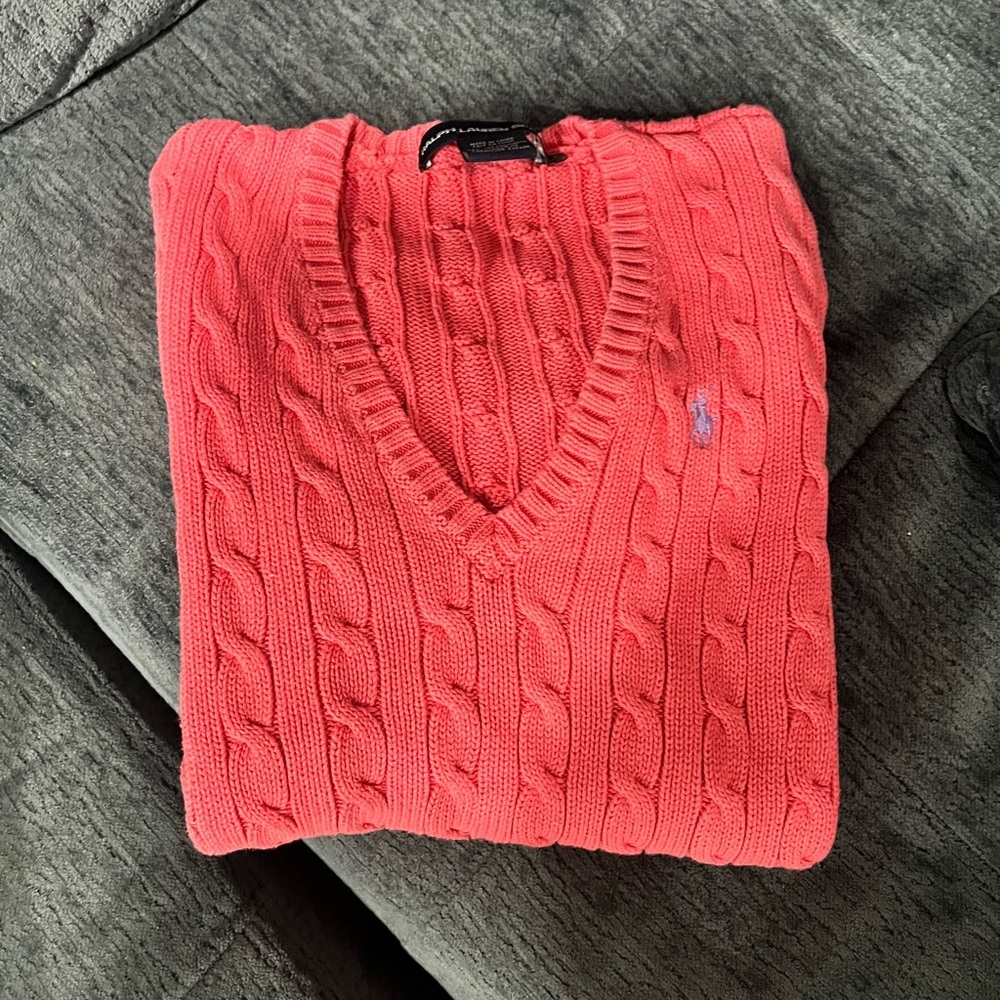 Ralph Lauren V-Neck Sweater in Pink and Purple Pony EUC Size M Preppy Old Money